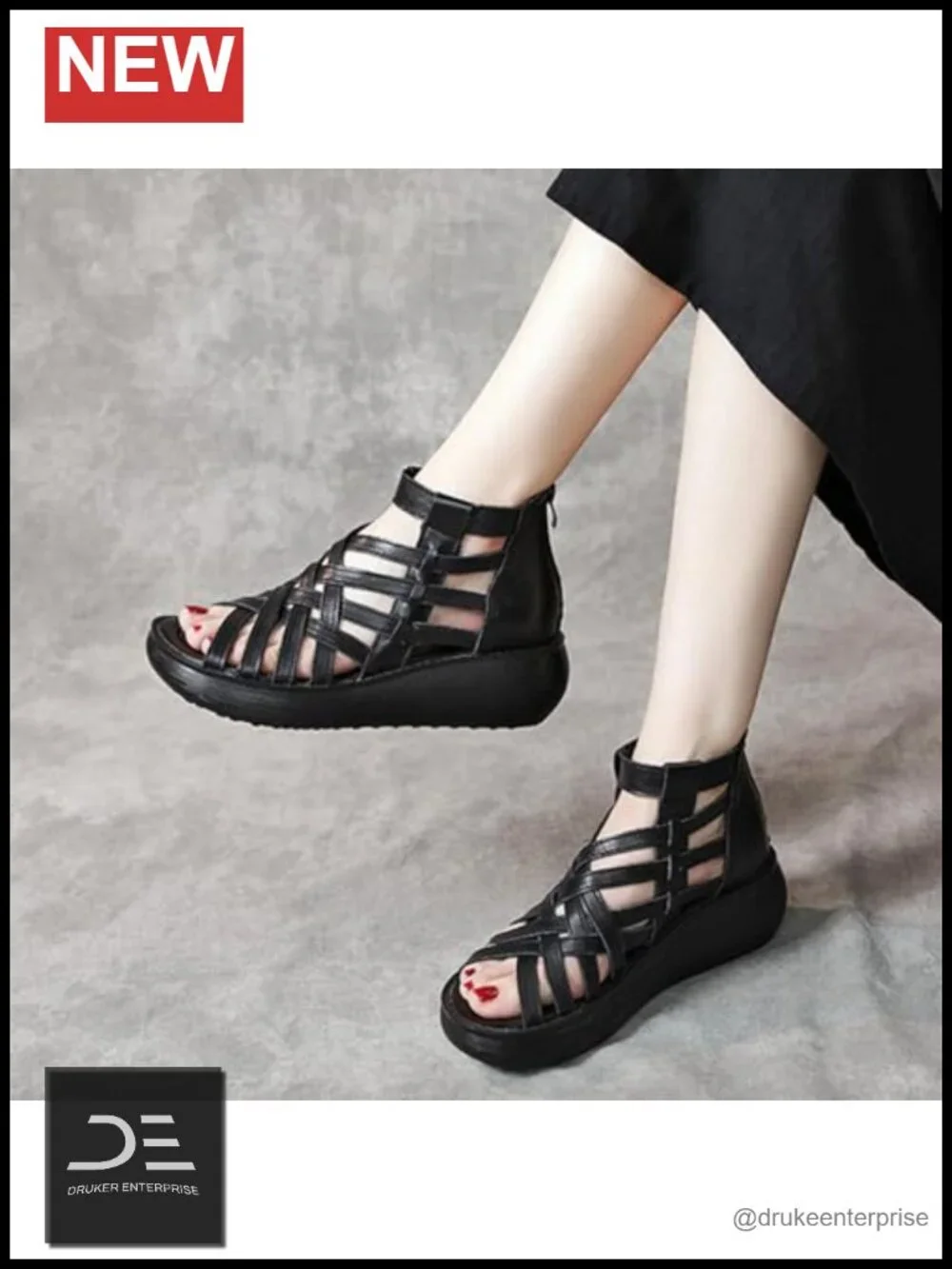 Womens High Top Leather Gladiator Wedge Sandals Back Zipper Cutout Breathable